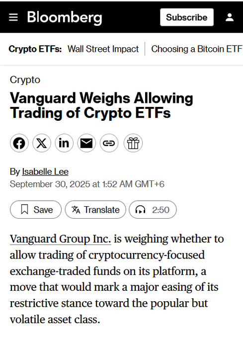 📌 Vanguard (9,3T$) prêt à ouvrir la porte à la crypto ?