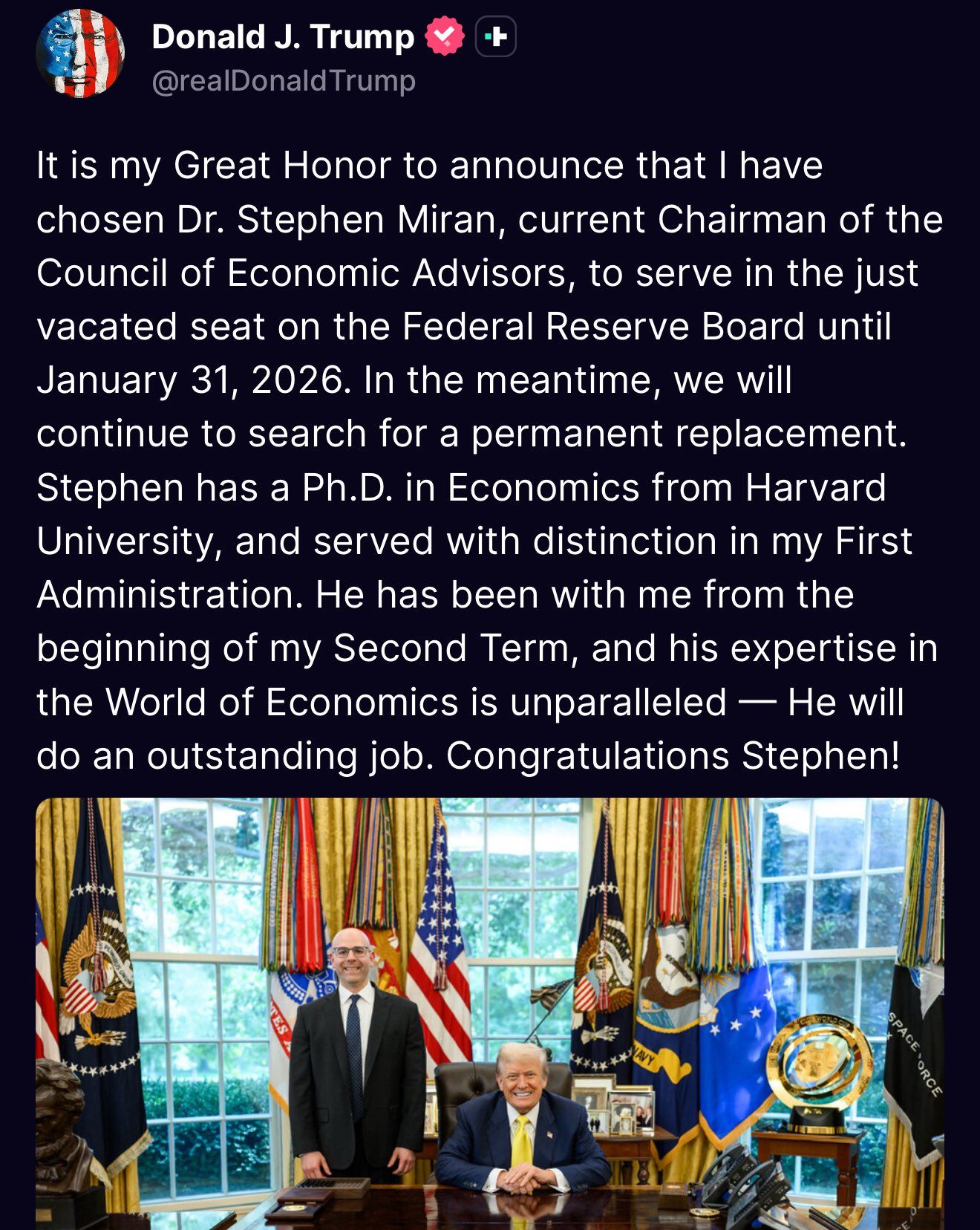 🚨 Trump propose Stephen Miran, économiste pro-Bitcoin, pour le poste de gouverneur à la Fed.